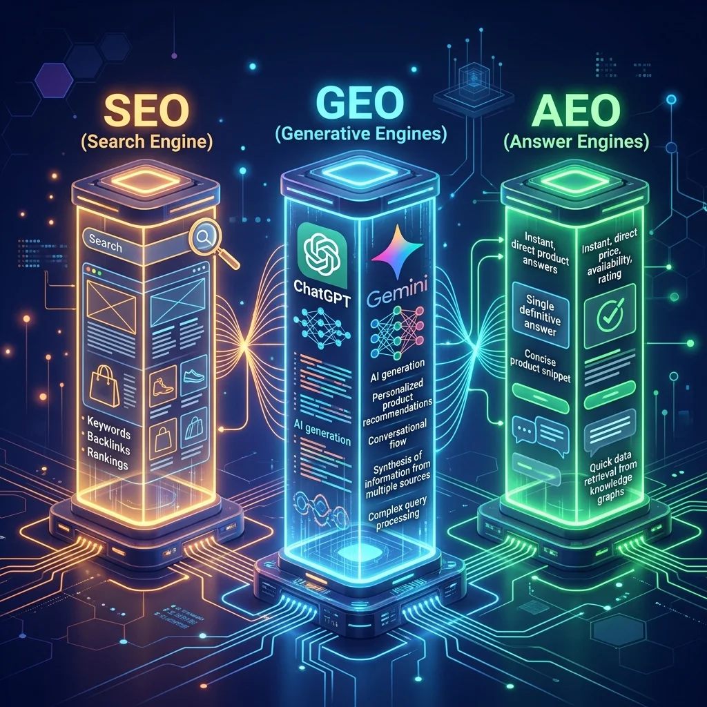Diferença entre SEO, GEO e AEO para E-commerce